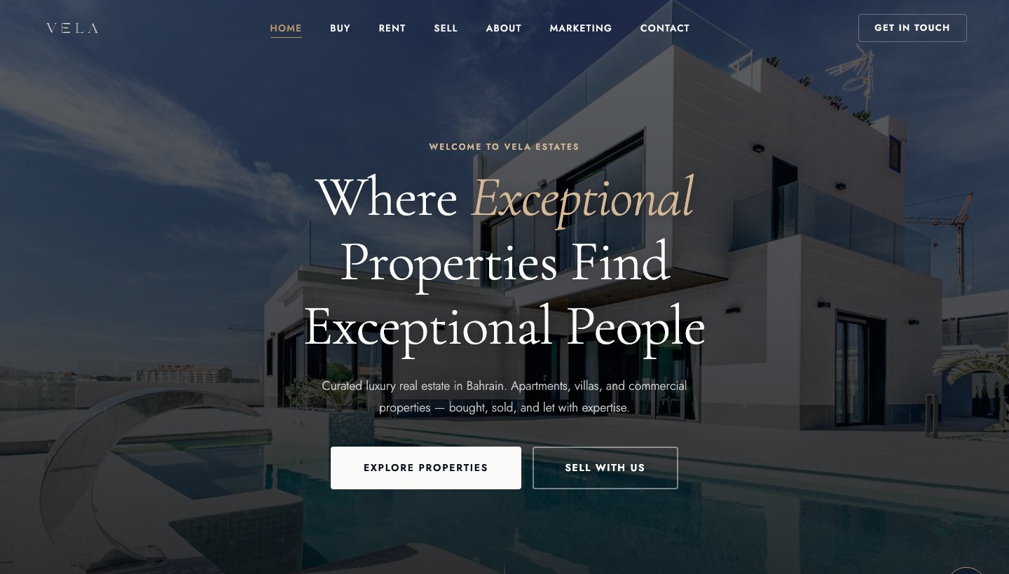 VELA Estates homepage — real estate website designed and built by 52collective